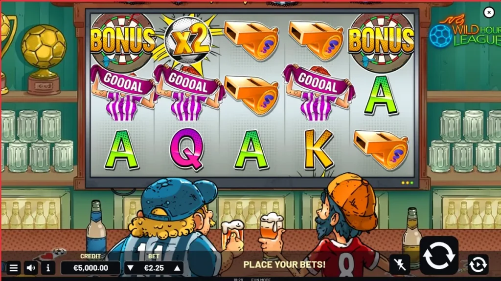 Wild Hour League slot machine interface featuring football pub theme