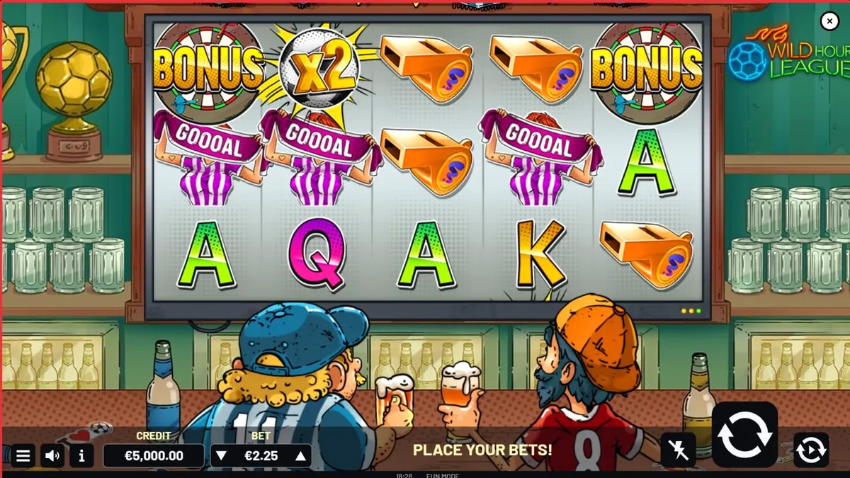 Wild Hour League slot machine interface featuring football pub theme