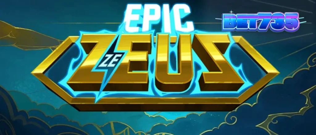 Epic Ze Zeus سلاٹ گیم کا بصری منظر جس میں یونانی دیوتا Zeus اور طوفانی ماحول دکھایا گیا ہے۔